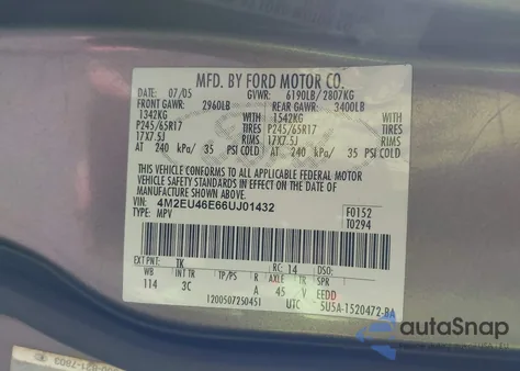 2006 Mercury Mountaineer Convenience from USA, damaged, VIN 4M2EU46E66UJ01432